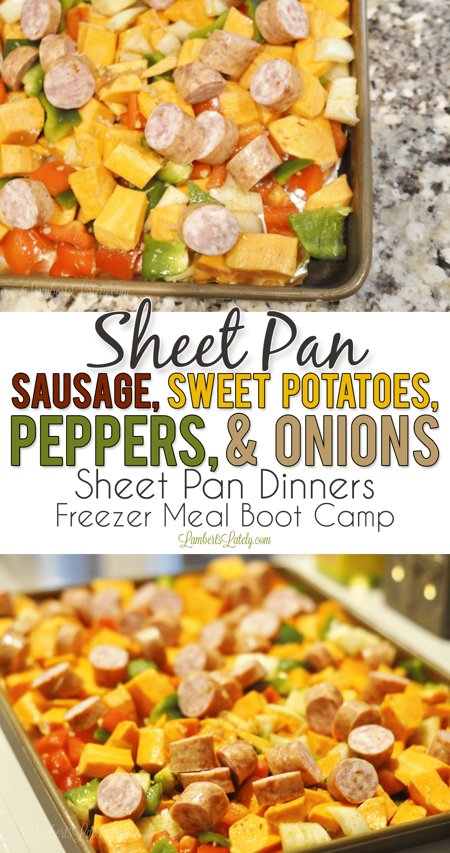 Sheet Pan Sausage, Sweet Potatoes, Peppers, & Onions is a colorful, healthy weeknight meal that's full of vegetables and flavor. Sheet pan dinners are such easy meals - they make for easy weeknight freezer meals too!