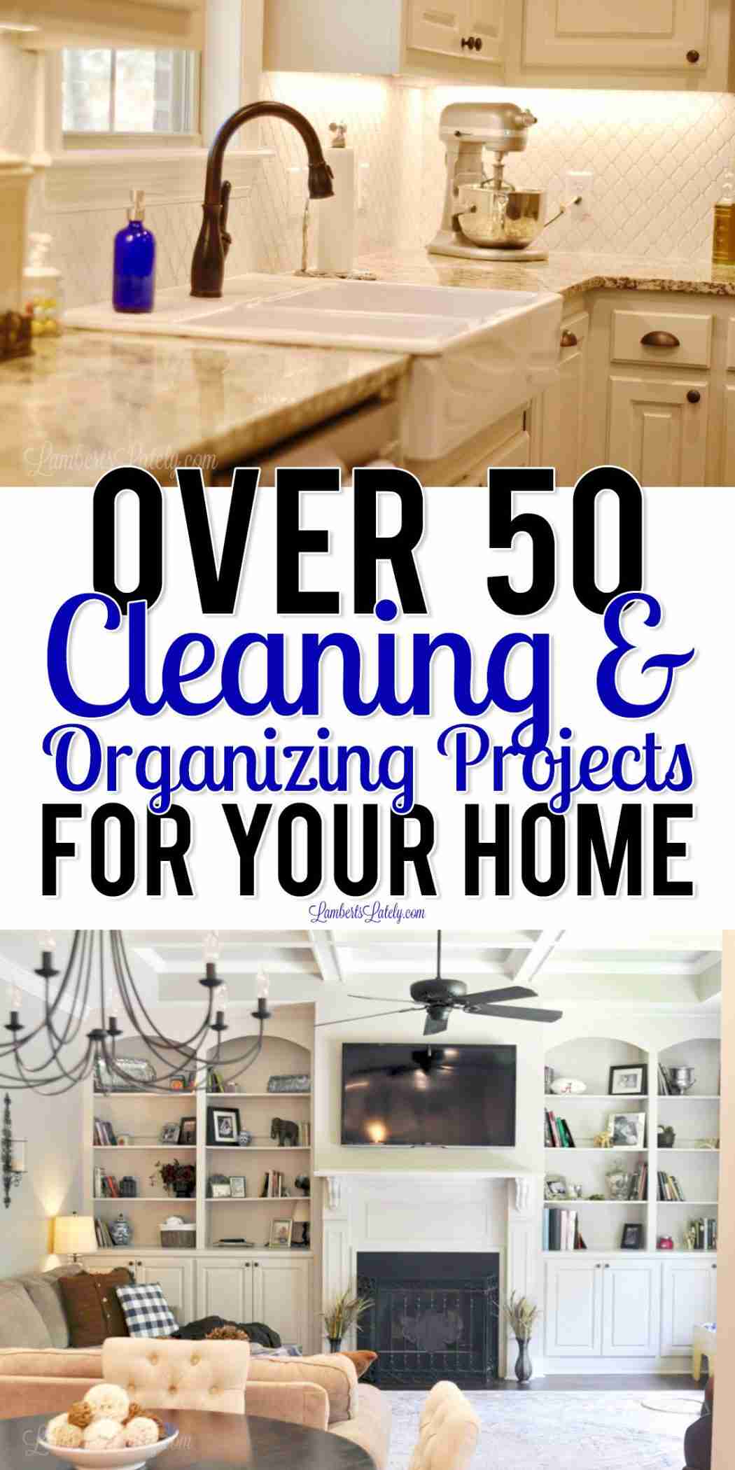 This list of over 50 home cleaning projects will help you organize and deep clean while you're stuck in your house. It's even broken down by room (kitchen, bedroom, etc.).